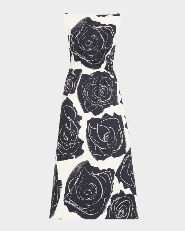 Rose-Print Sleeveless Button-Back Midi Dress